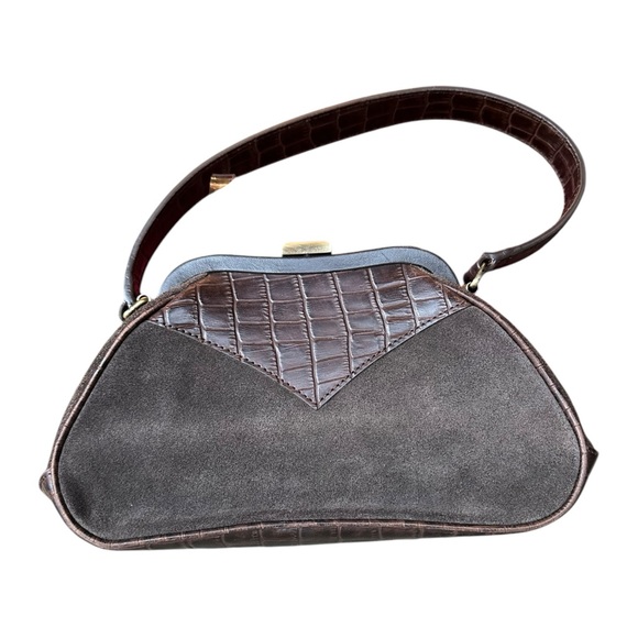 Vintage Laura Ashley Brown Leather Suede & Faux Croc Clasp Handbag - Picture 8 of 11